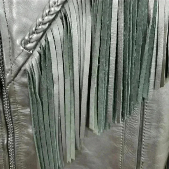 Black Leather Vintage Western Fringe Jacket with Purple Embroidery – Medium - Picture 13 of 16